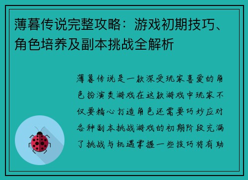 薄暮传说完整攻略：游戏初期技巧、角色培养及副本挑战全解析