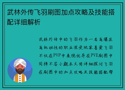 武林外传飞羽刷图加点攻略及技能搭配详细解析